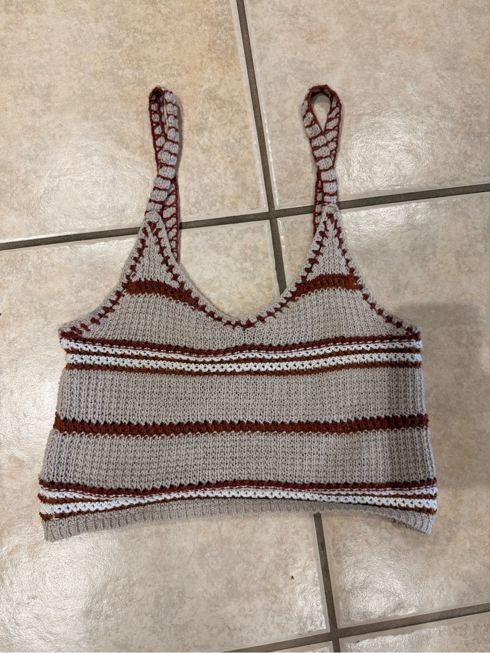American Eagle Outfitters Striped Knit Crop Top in Beige, Rust, and White